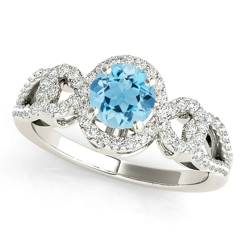 Gold Eternity Ring-1.10 ct. Genuine Aquamarine Ring With Halo, Open Rounded Diamond Band