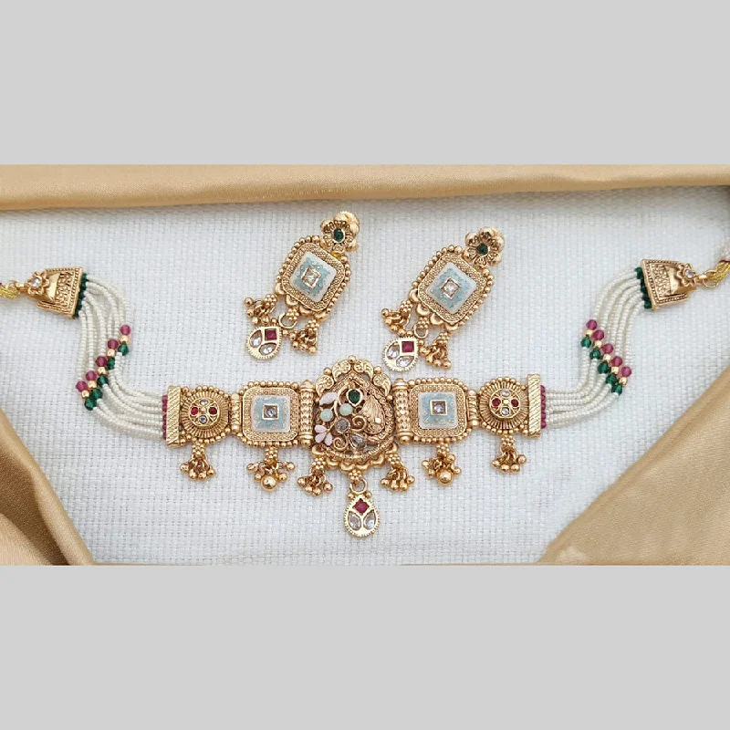 Modern Pendant Necklace-Akruti Collection Gold Plated Kundan Stone And Meenakari Choker Necklace Set