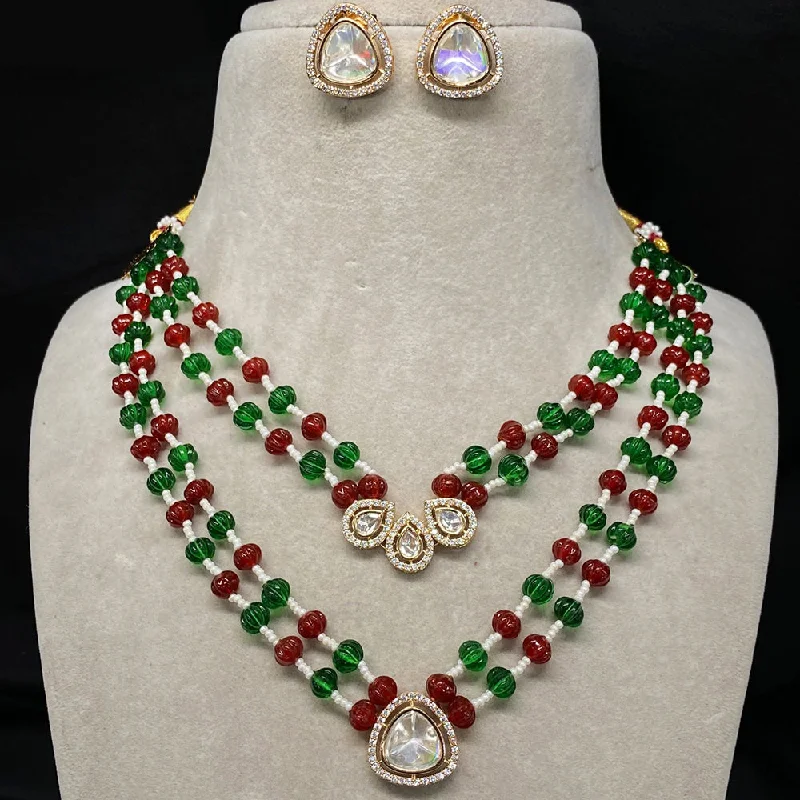 Birthstone Necklace for Mom-Royal Kundan Jewellery Gold Plated Austin Stone And Beads Necklace Set