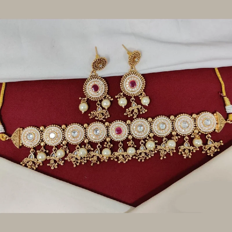 Elegant Pearl Necklace-Manisha Jewellery Gold Plated Pota Stone And Pearls Choker Necklace Set