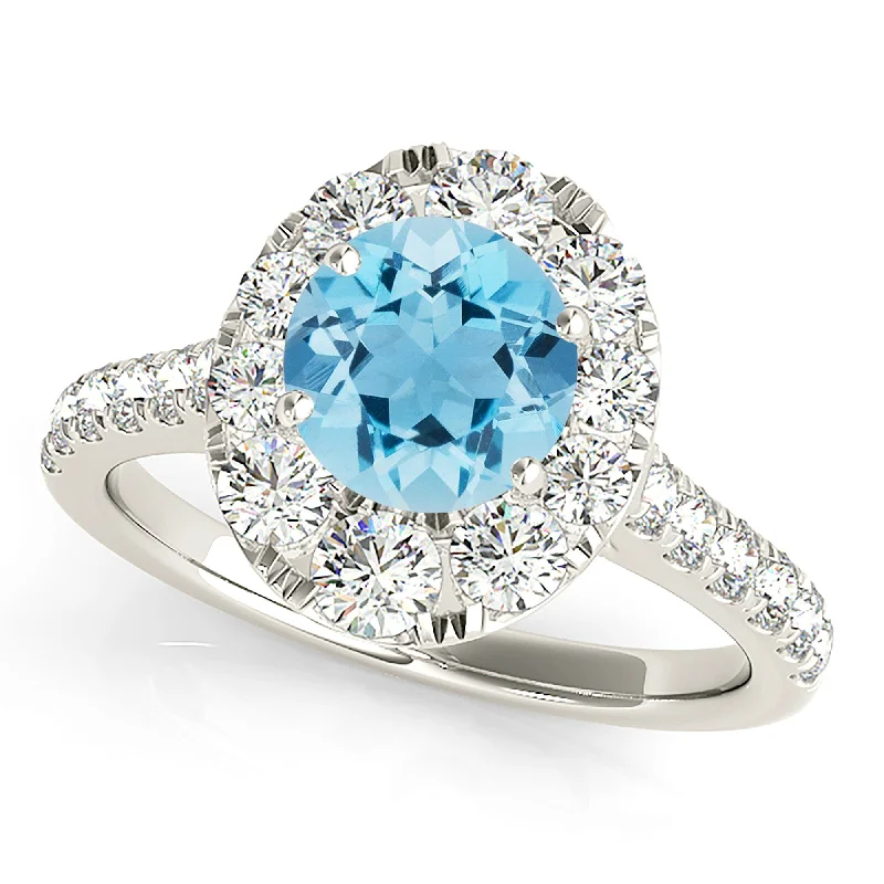 Gold Wedding Band Set-1.10 ct. Genuine Aquamarine Ring With Oval Halo And Delicate Diamond Band