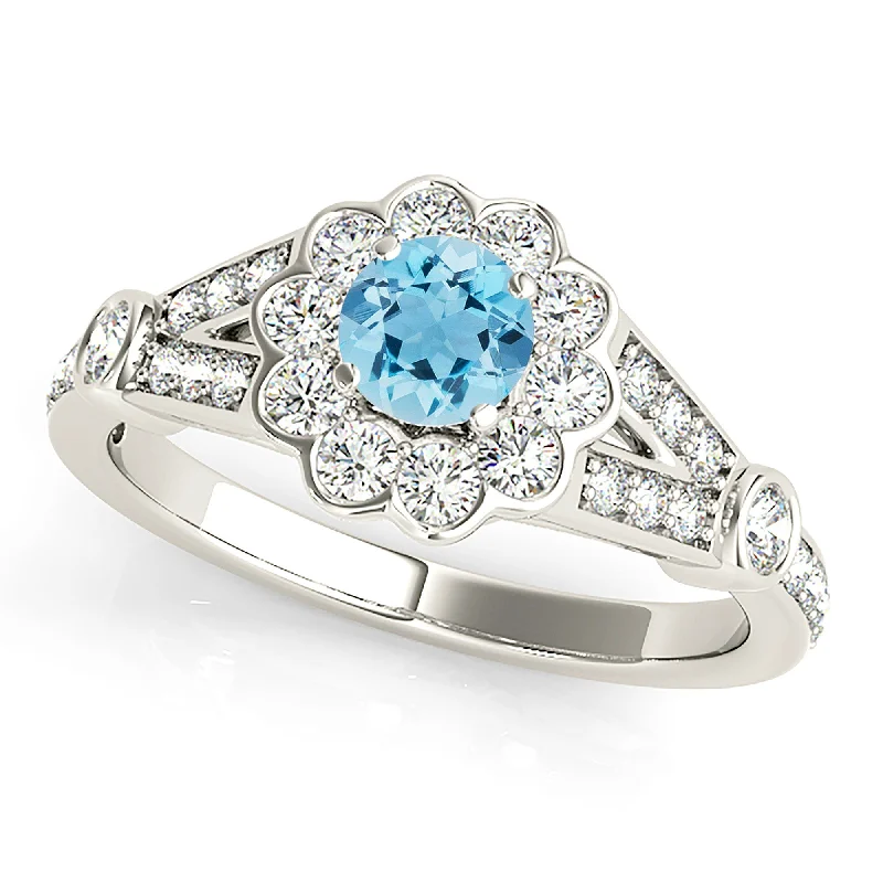 Personalized Wedding Ring-1.00 ct. Genuine Aquamarine Ring With Bezel Set Floral Halo