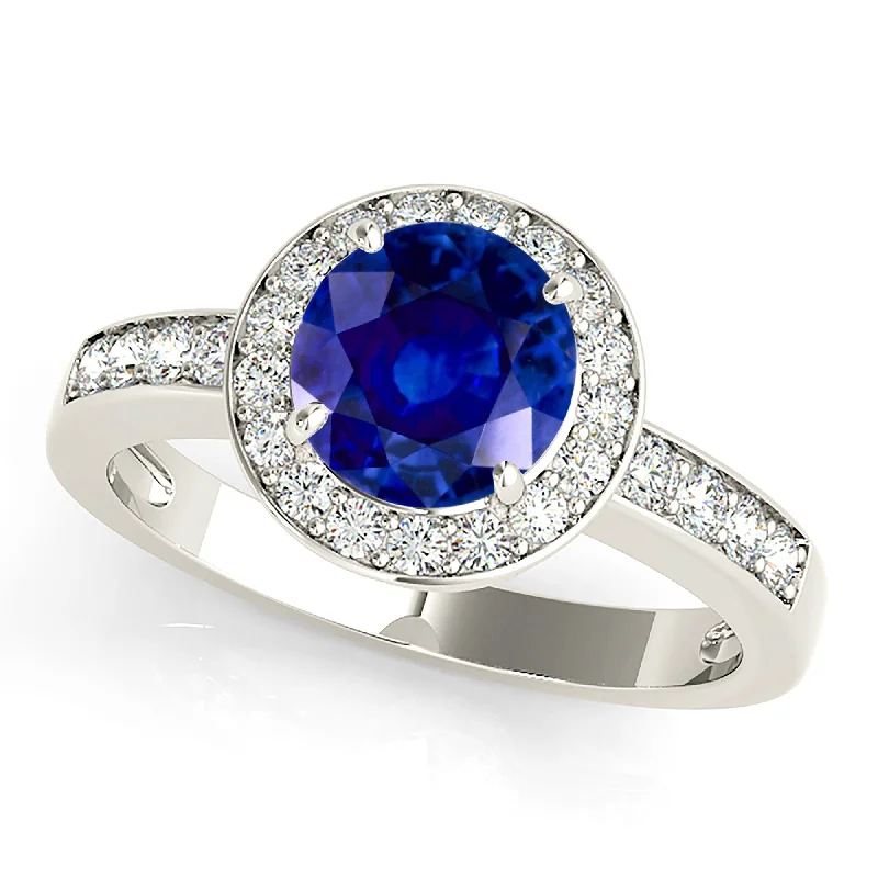 Stylish Gemstone Wedding Ring-1.80 ct. Genuine Blue Sapphire Halo Engagement Ring