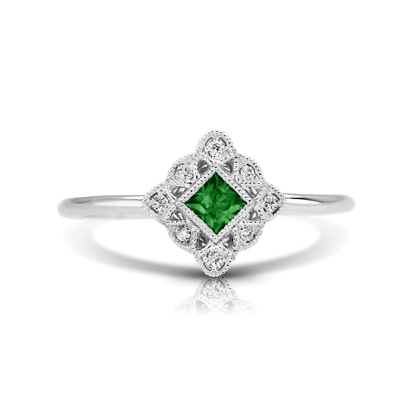 Custom Silver Engagement Ring-Vintage Inspired 0.15 ct. Natural Princess Cut Emerald Ring