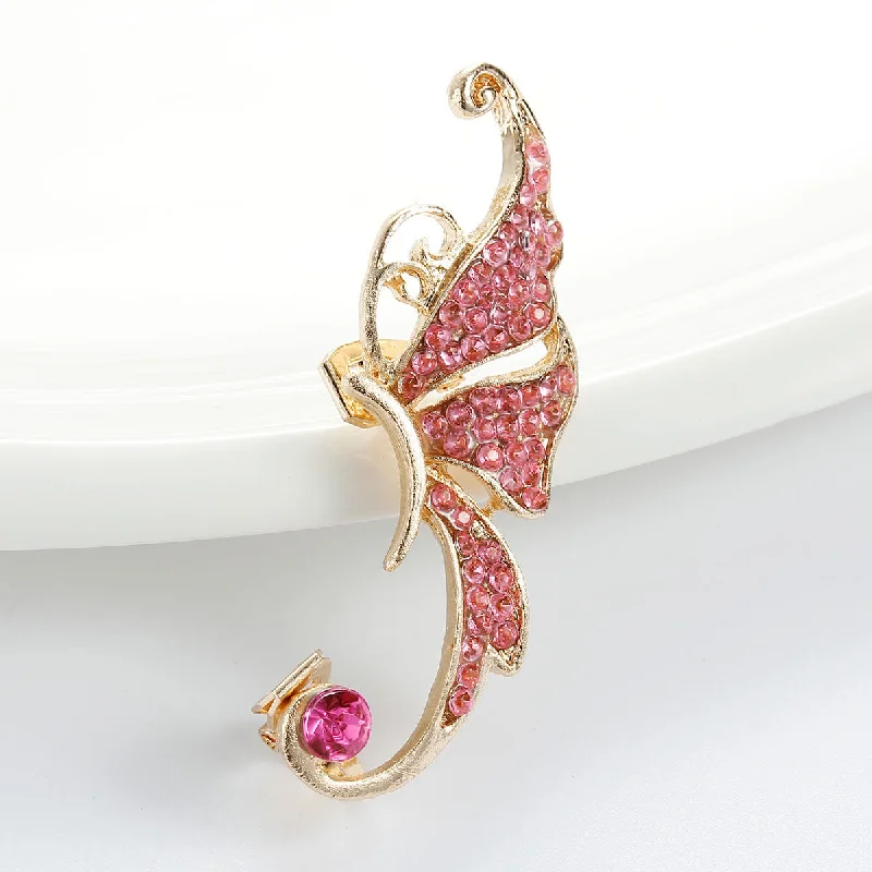 Luxury Diamond Earrings-SEXY SPARKLES Ear Cuff Clip On Stud Wrap Earrings For Left Ear Butterfly Gold Plated W/Fuchsia Rhinestone