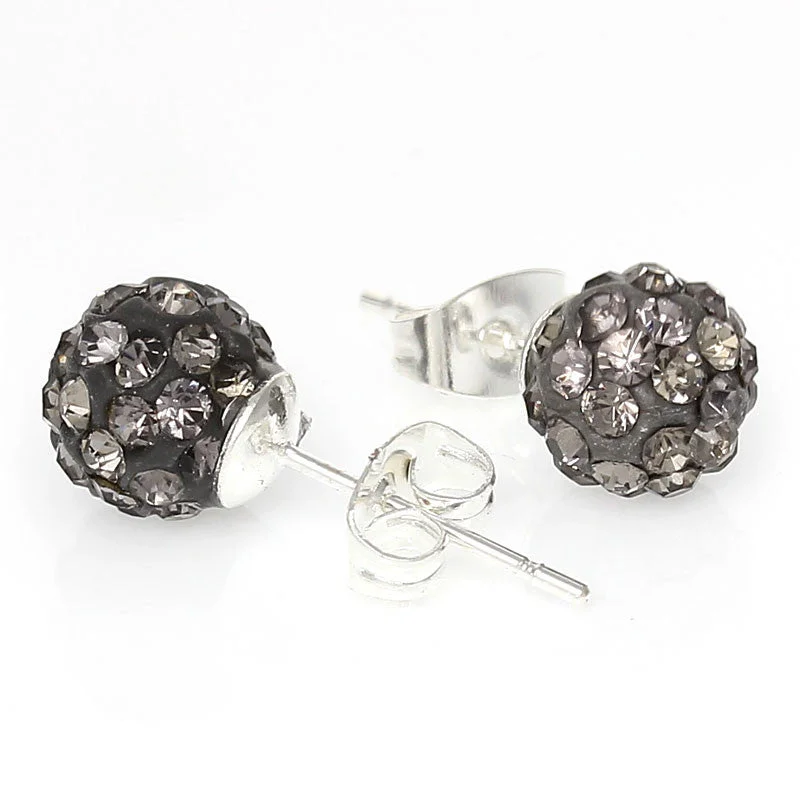 Heart Shaped Earrings-8mm Grey Rhinestones Crystal Fireball Disco Ball Pave Bead Stud Earrings