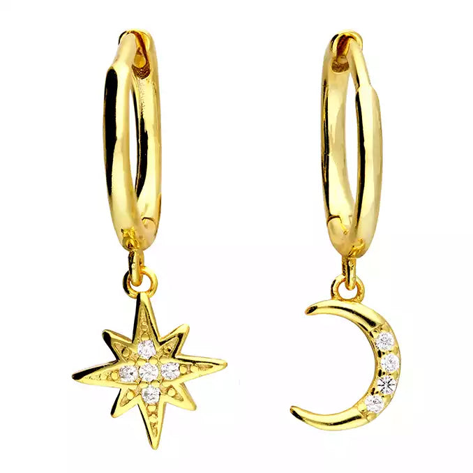 Round Gold Earrings-Gold Vermeil Cubic Zirconia Moon and Star Huggie Earrings