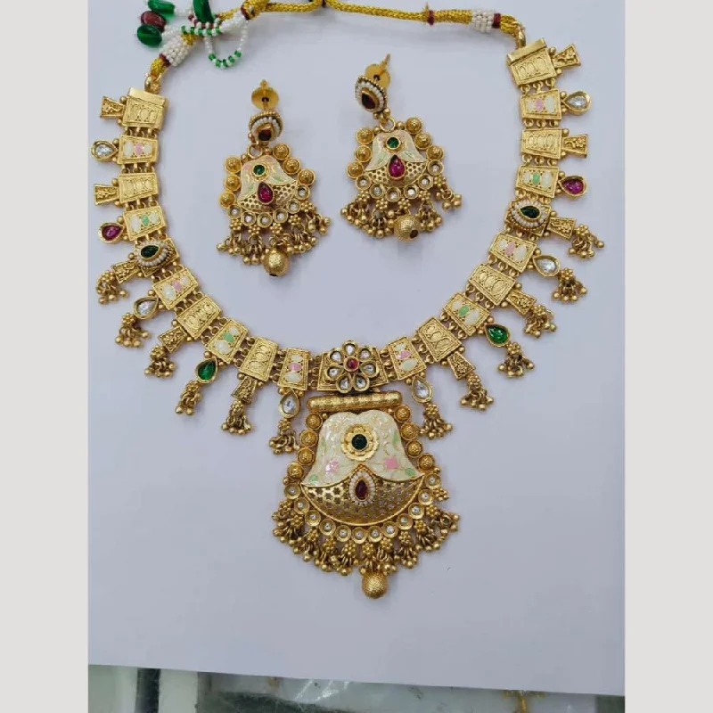 Simple Pendant Necklace-Manisha Jewellery Gold Plated Pota Stone And Beads Meenakari Necklace Set