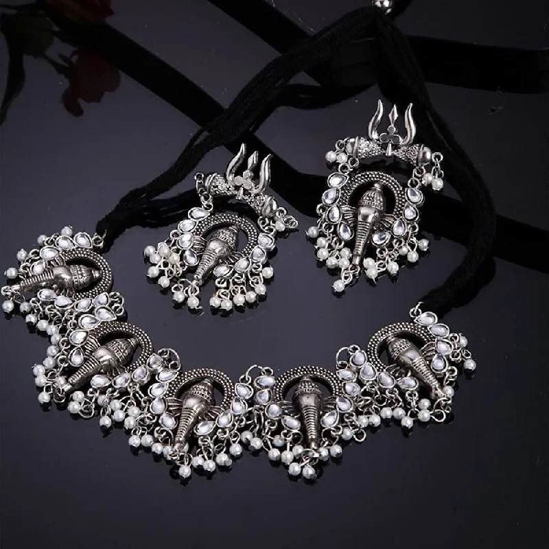 Vintage Pearl Necklace-Bevy Pearls Oxidised Plated Choker Necklace Set