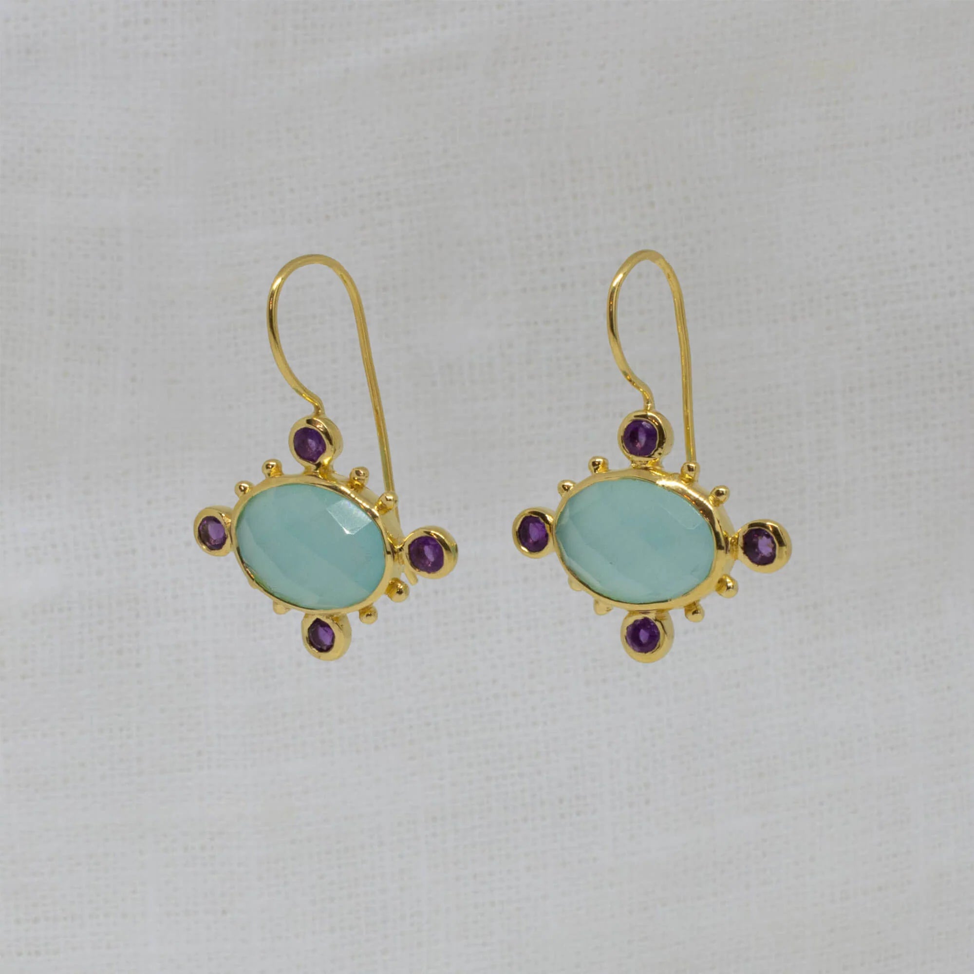 Swarovski Crystal Earrings-18ct Gold Vermeil Aqua Chalcedony Amethyst Drop Earrings