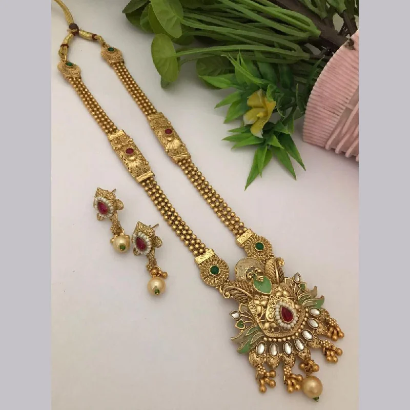 Gold Pendant Necklace-FS Collection Gold Plated Kundan Stone Long Necklace Set