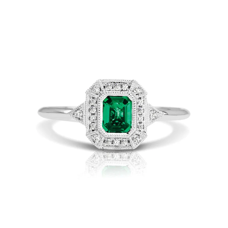 Modern Engagement Ring-Vintage Inspired 0.50 ct. Natural Emerald Ring With 0.05 ct. Diamonds