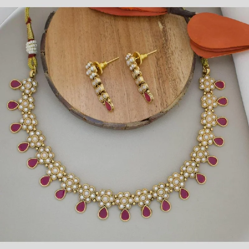 Fancy Choker Necklace-Manisha Jewellery Gold Plated Pota Stone And Pearls Necklace Set