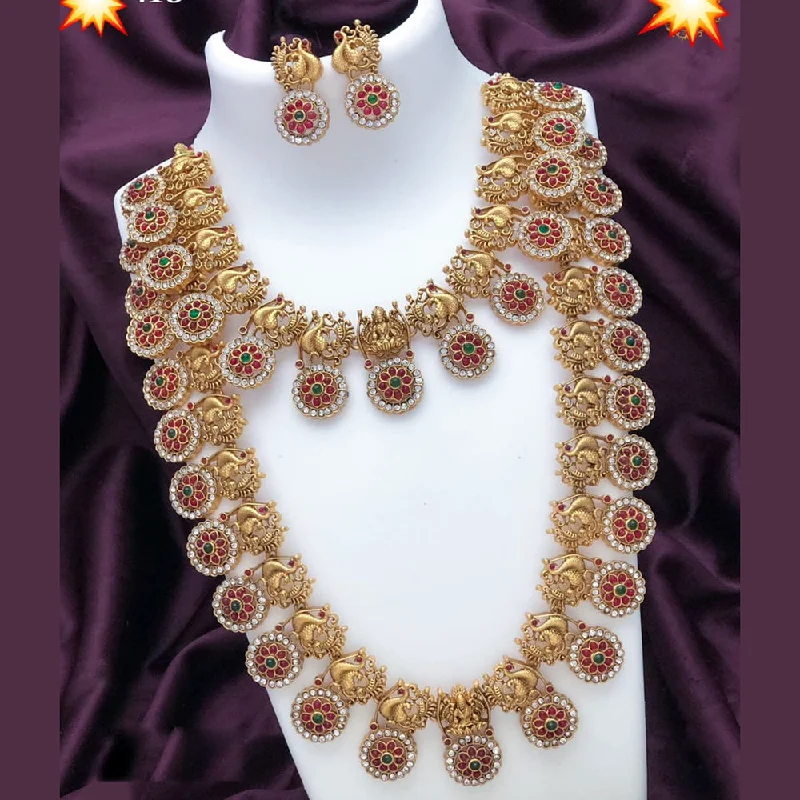 Sterling Silver Necklace-India Art Gold Plated Pota Stone Temple And Peacock Necklace Combo Set