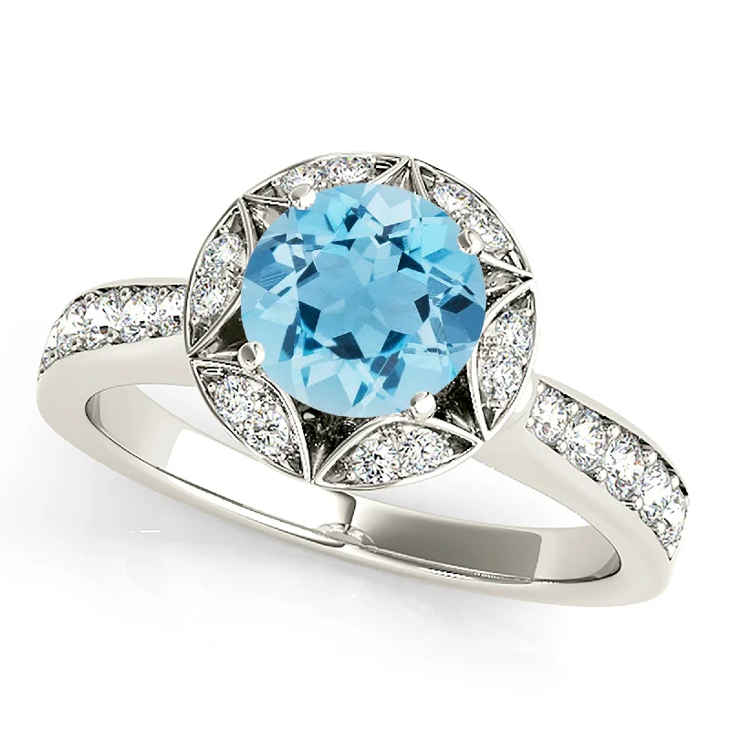 Wedding Set with Diamond Ring-1.10 ct. Genuine Aquamarine Ring With Floral Halo