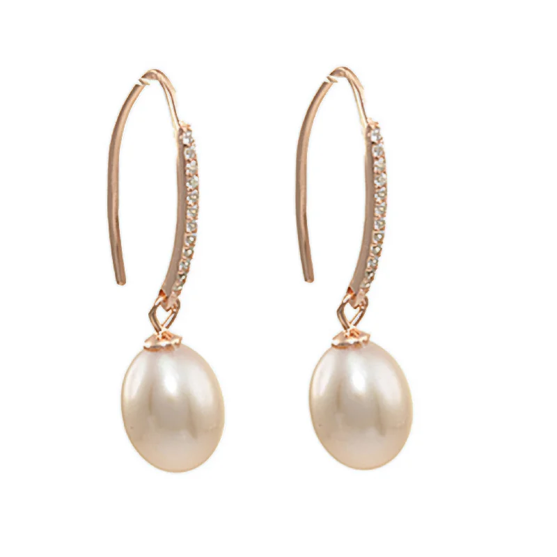 Unique Dangle Earrings-Rose Gold Plated Long Pearl and Cubic Zirconia Hook Earrings