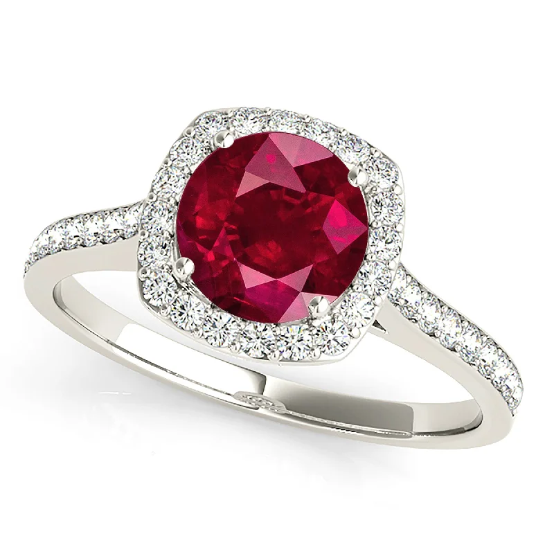 Amethyst Gemstone Ring-1.45 ct. Genuine Ruby Ring With Cushion Halo And Delicate Diamond Band