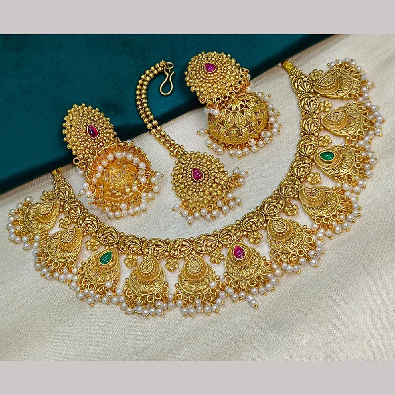 Minimalist Silver Necklace-Royal Kundan Jewellery Gold Plated Pota Stone And Pearls Necklace Set