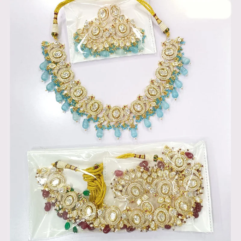 Colorful Necklace with Gemstones-JCM Gold Plated Polki Kundan Stone Beads Necklace Set