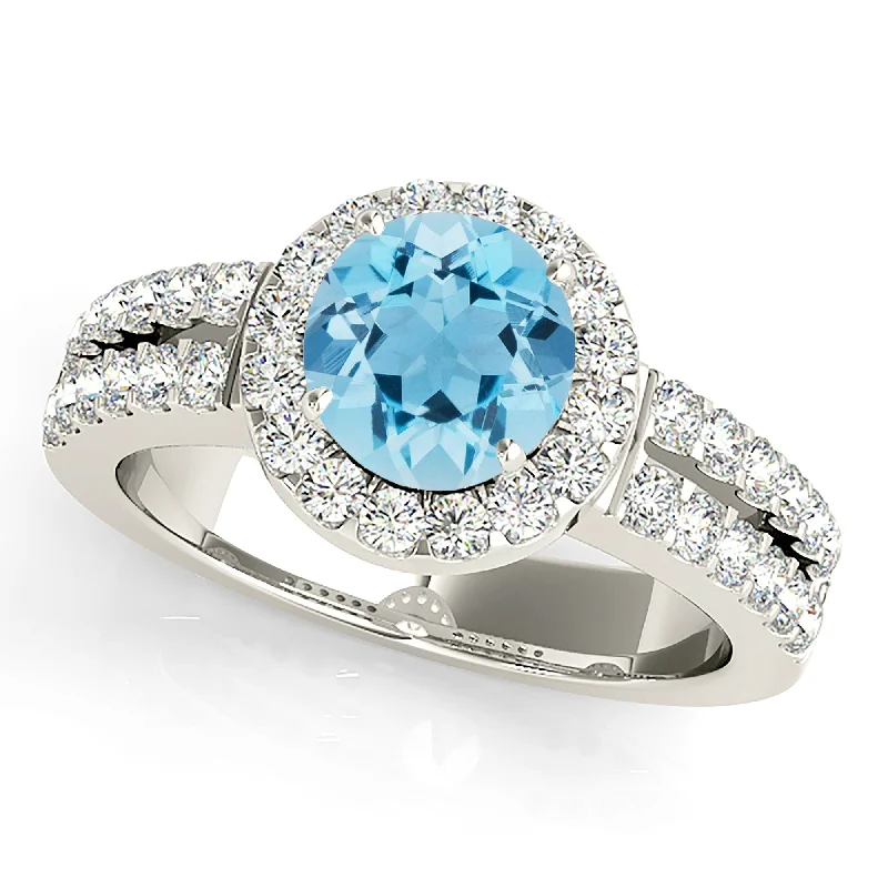 Wedding Set with Diamond Ring-1.10 ct. Genuine Aquamarine Ring With Halo And Split Diamond Shank