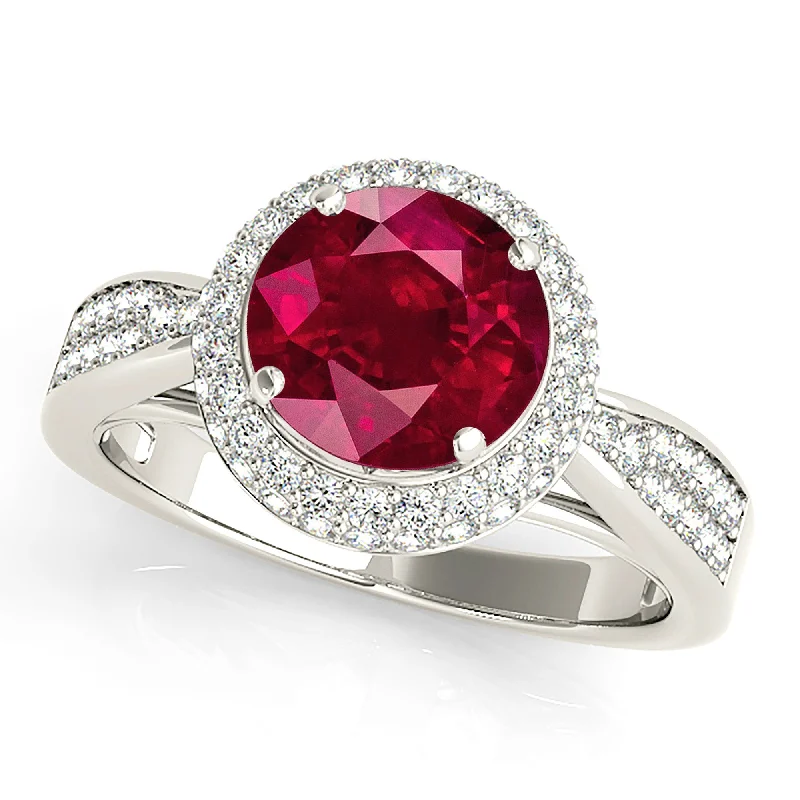 Gold Eternity Ring-2.35 ct. Genuine Ruby Ring With 3D Halo And Graduating Diamond Band