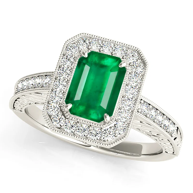 Matching Couple Rings-1.00 ct. Genuine Emerald Ring With Channel Set Diamond Halo