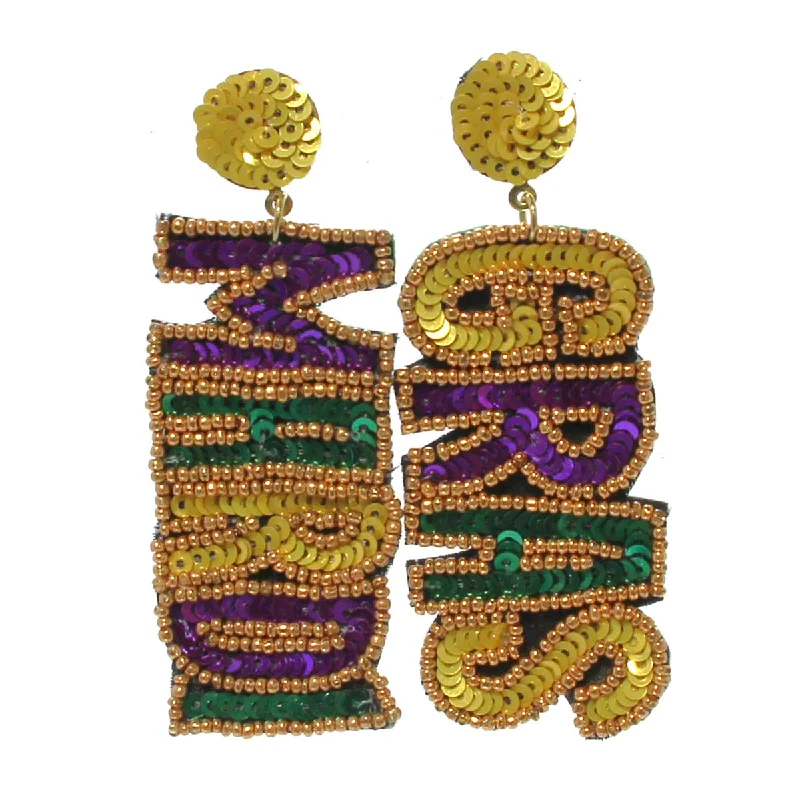 Gold Diamond Stud Earrings-Mardi Gras Seed Bead Earrings, 3"