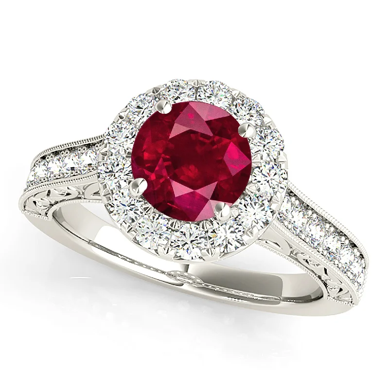 Vintage Art Deco Ring-1.35 ct. Genuine Ruby Ring With Halo And Milgrain Diamond Band