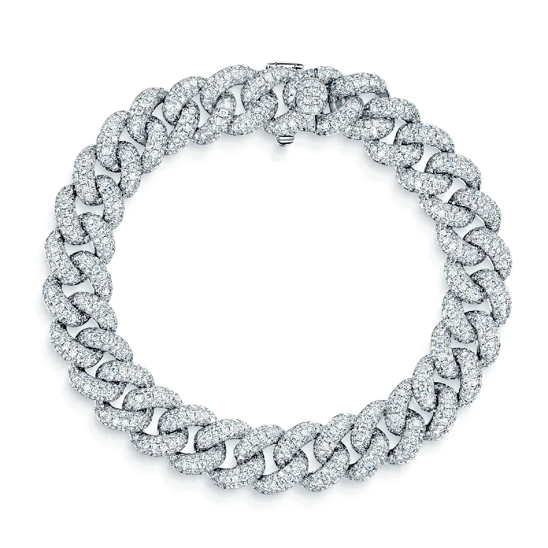 Boho Style Bracelets-18ct White Gold Full Diamond Set Curb Bracelet