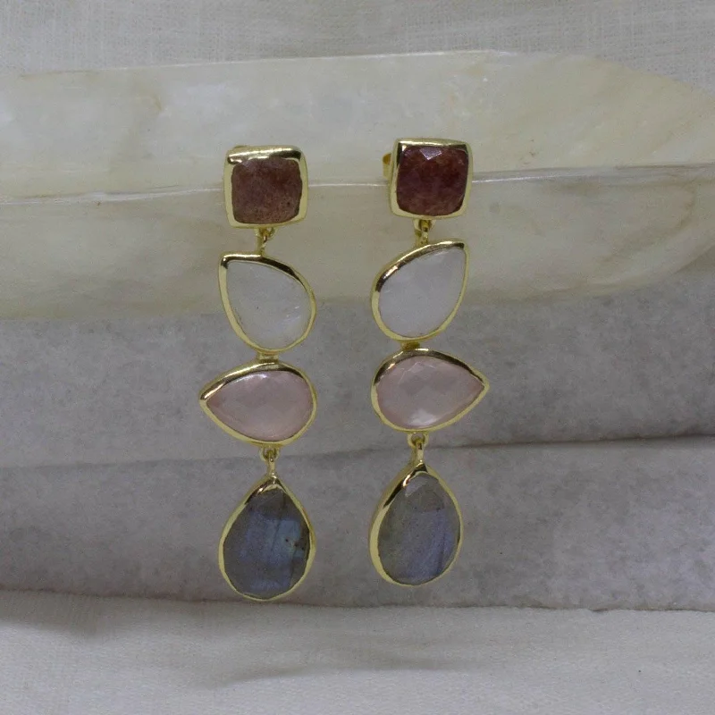 Sterling Silver Drop Earrings-18ct Gold Vermeil Quartz, Moonstone and Labradorite Drop Earrings