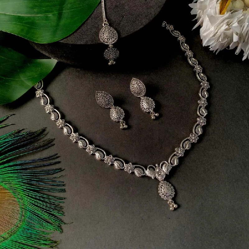 Dainty Silver Necklace-Etnico Ethnic Silver Oxidised Floral Design Ghungroo Long Necklace Jewellery With Jhumka Earrings Set For Women/Girls (MC171OX)