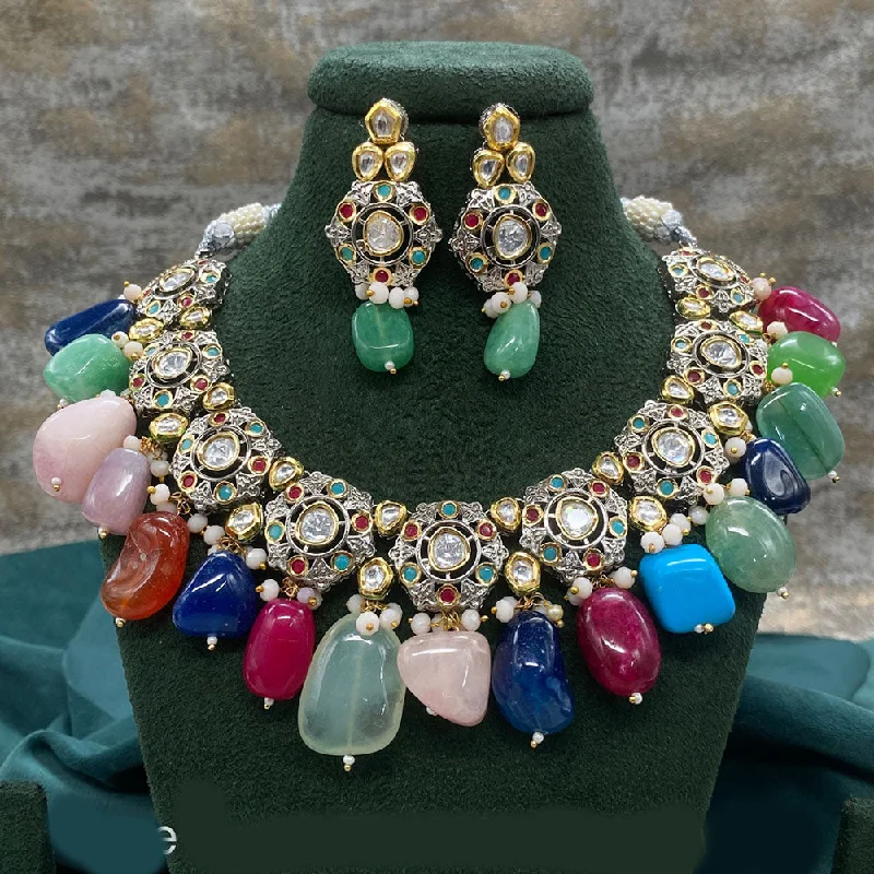 Gemstone Pendant Necklace-Amoliya Jewels 2 Tone Plated Polki Kundan Stone And Beads Necklace Set