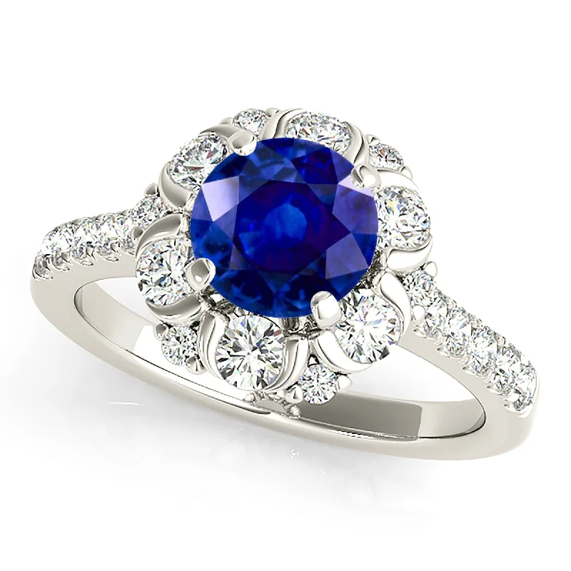 Custom Ring for Anniversary-1.35 ct. Genuine Blue Sapphire Ring  Floral Halo Style