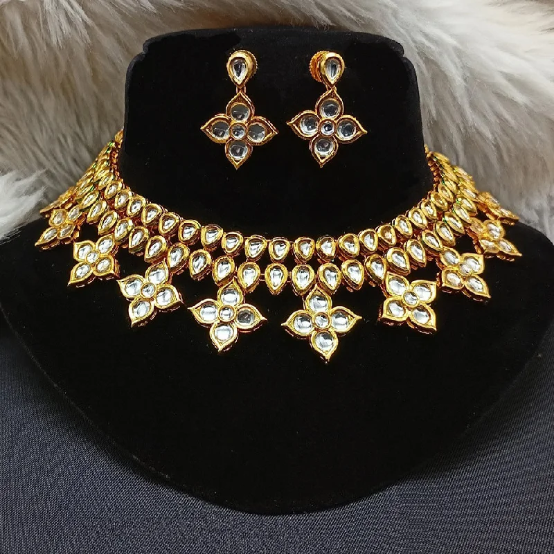 Trendy Gold Pendant Necklace-Royal Kundan Jewellery Gold Plated Kundan Stone Necklace Set