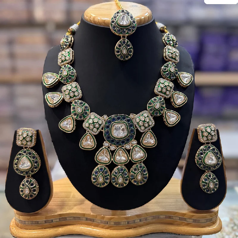 Gold Necklace with Gemstones-JCM Gold Plated Polki Kundan Stone Meenakari Necklace Set