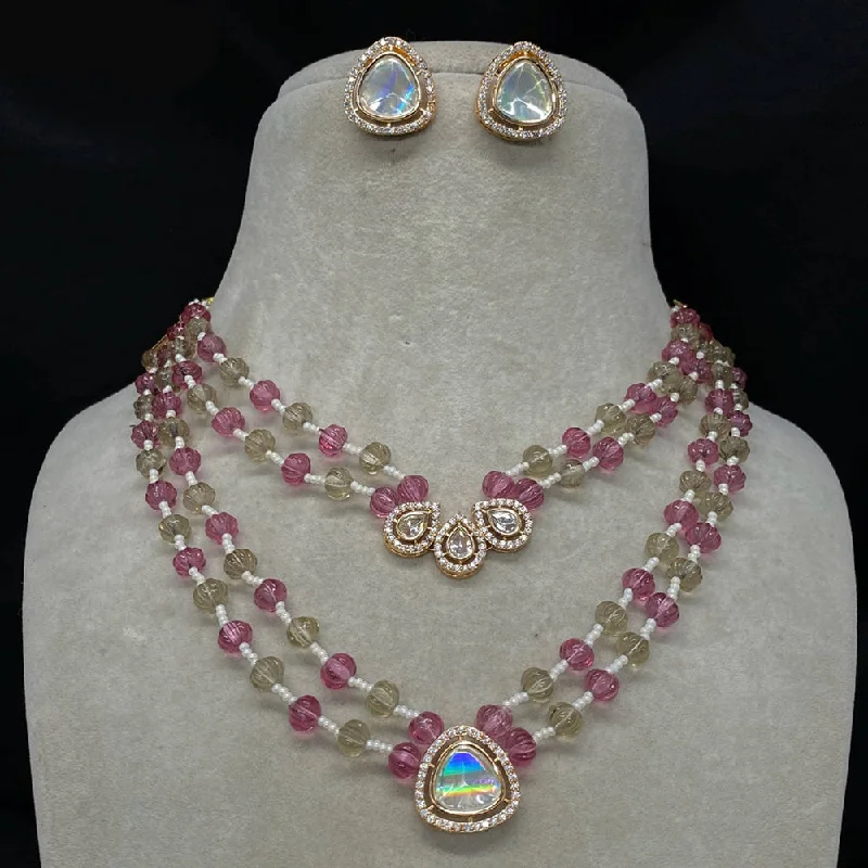 Crystal Pendant Necklace-Royal Kundan Jewellery Gold Plated Polki Kundan And Beads Necklace Set