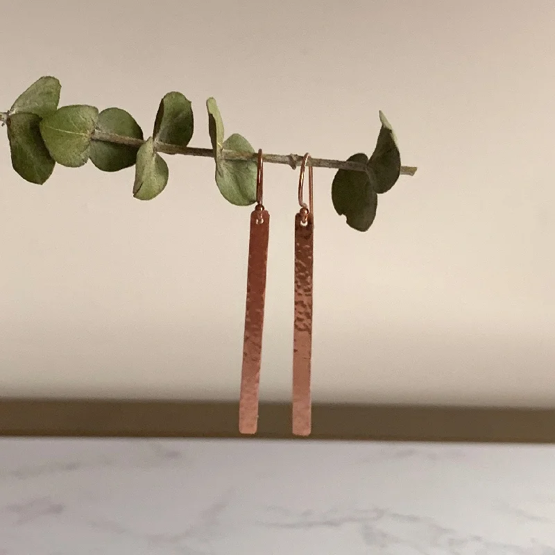 Beautiful Long Earrings-Rose Gold Hammered Bar Earrings - Long