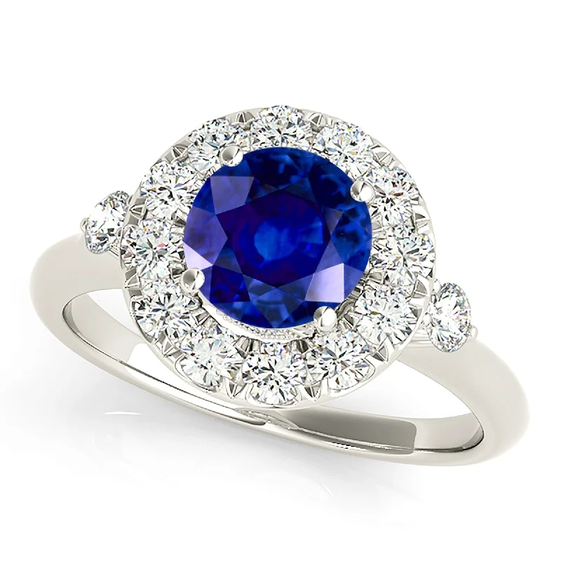 Luxury Ruby Ring-1.35 ct. Genuine Blue Sapphire Ring With Halo Style, Two Side Accent Diamonds