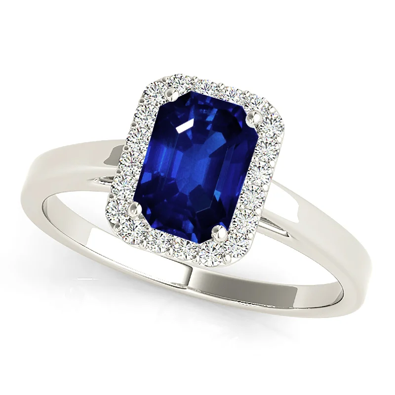 Unique Vintage Wedding Ring-1.15 ct. Genuine Blue Emerald Cut Sapphire Ring With Halo Style