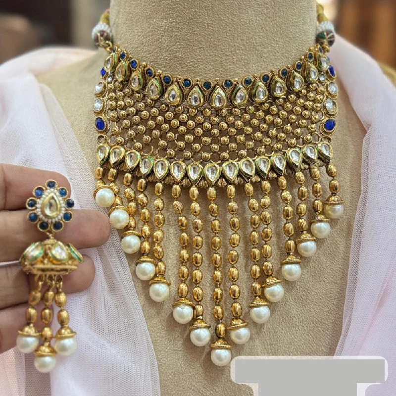 Wedding Bridal Necklace-Jewel Addiction Gold Plated Kundan Stone And Pearls Choker Necklace Set