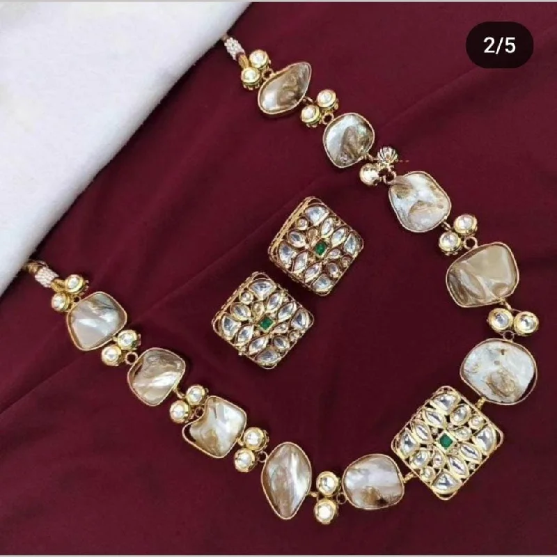 Gold Choker Necklace-FS Collection Gold Plated Mother Of Pearls Necklace Set