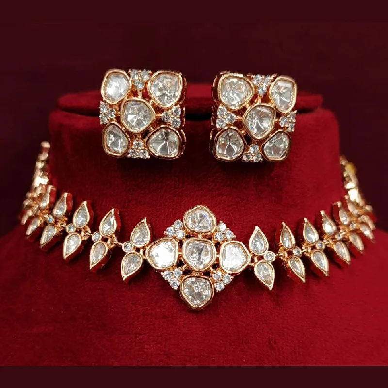 Classic Pendant Necklace-Royal Kundan Jewellery Gold Plated Polki Kundan Choker Necklace Set