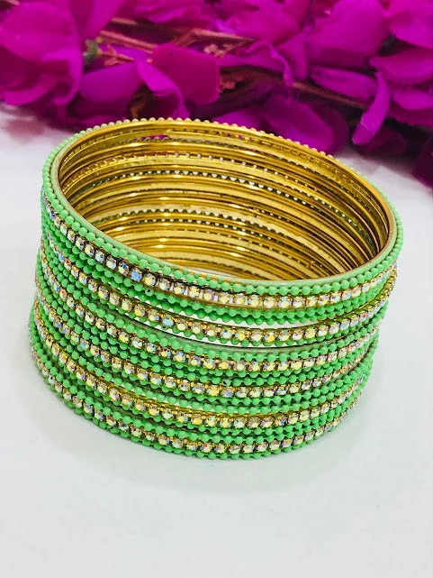 Fashionable Silver Bangle Set-Alluring Green Color Metal Bangles With White Stone For Women