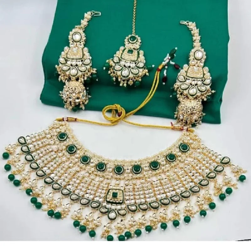 Trendy Chain Necklace-Neetu Art Gold Plated Kundan Stone And Beads Semi Bridal Necklace Set