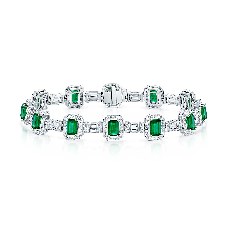 Silver Bead Bracelets-18ct White Gold Emerald And Diamond Halo Vintage Tennis Bracelet