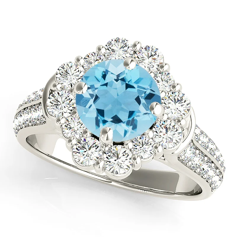 Delicate Silver Ring-1.75 ct. Genuine Aquamarine Ring With Fancy Halo