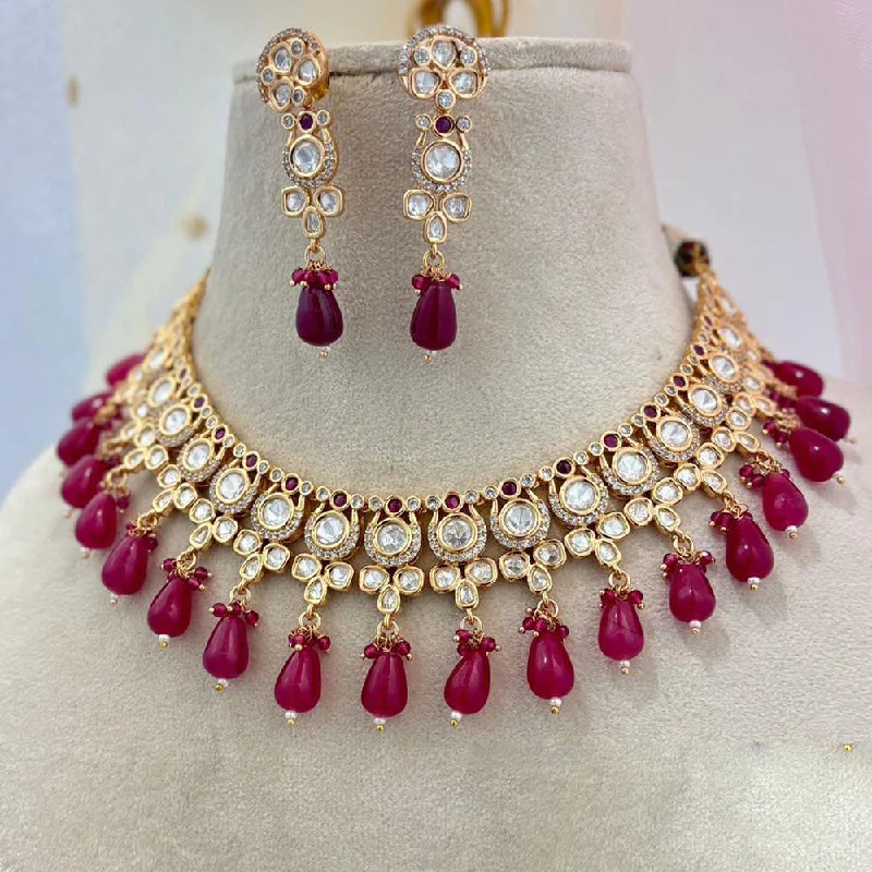 Long Dangle Necklace-Jewel Addiction Copper Gold Plated Polki Kundan Stone Beads Necklace Set