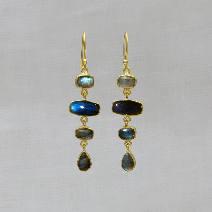 Wooden Bead Earrings-18ct Gold Vermeil Labradorite Rectangle Drop Earrings