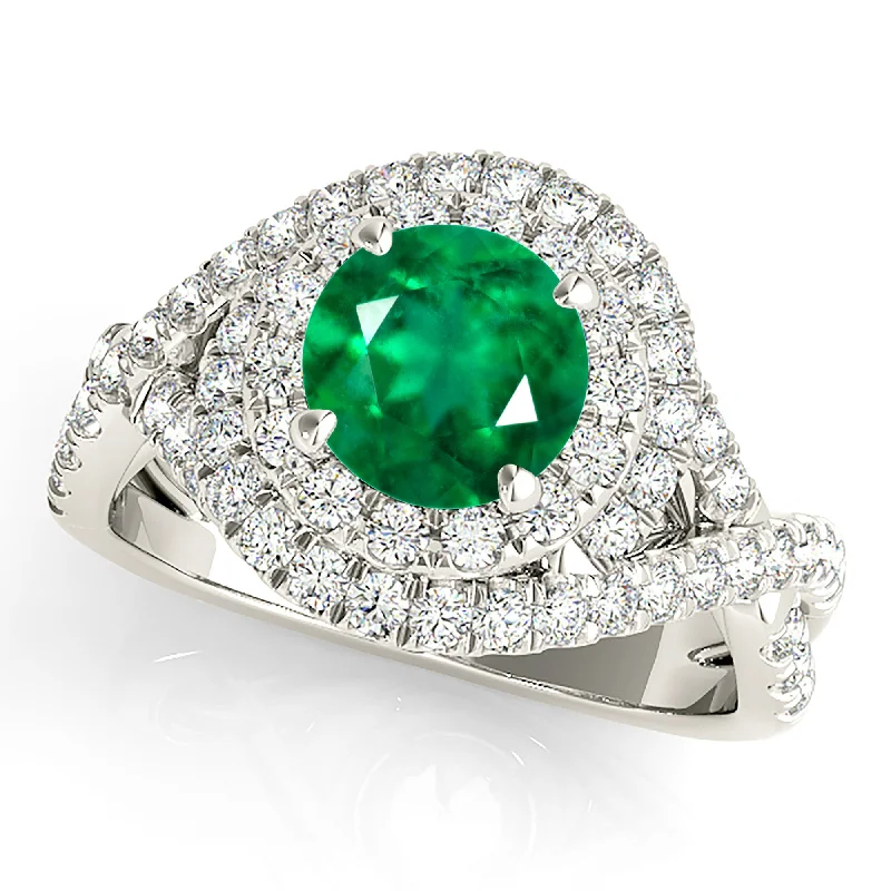 Chic Silver Cocktail Ring-1.15 ct. Genuine Emerald Ring With Swirl Halo and Twist Diamond Band