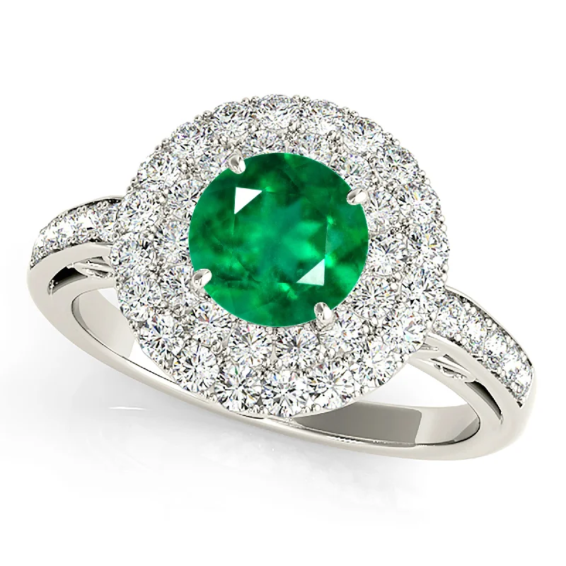 Gold Signet Ring-1.15 ct. Genuine Emerald Double Halo Ring With Under Halo and Side Diamonds